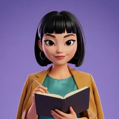 Maya holding an open notebook, looking up from it.
