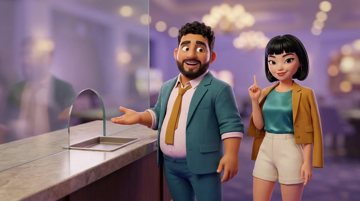 Leo and Maya at a cashier counter, its pass-through tray empty; nothing is on the counter and nothing is changing hands.