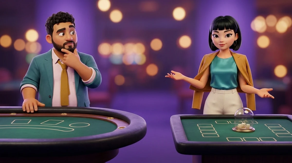 Maya stands between an empty card table and an empty dice table, an open hand held toward each, while Leo, at the rail of the card table, strokes his beard and looks across at the other.