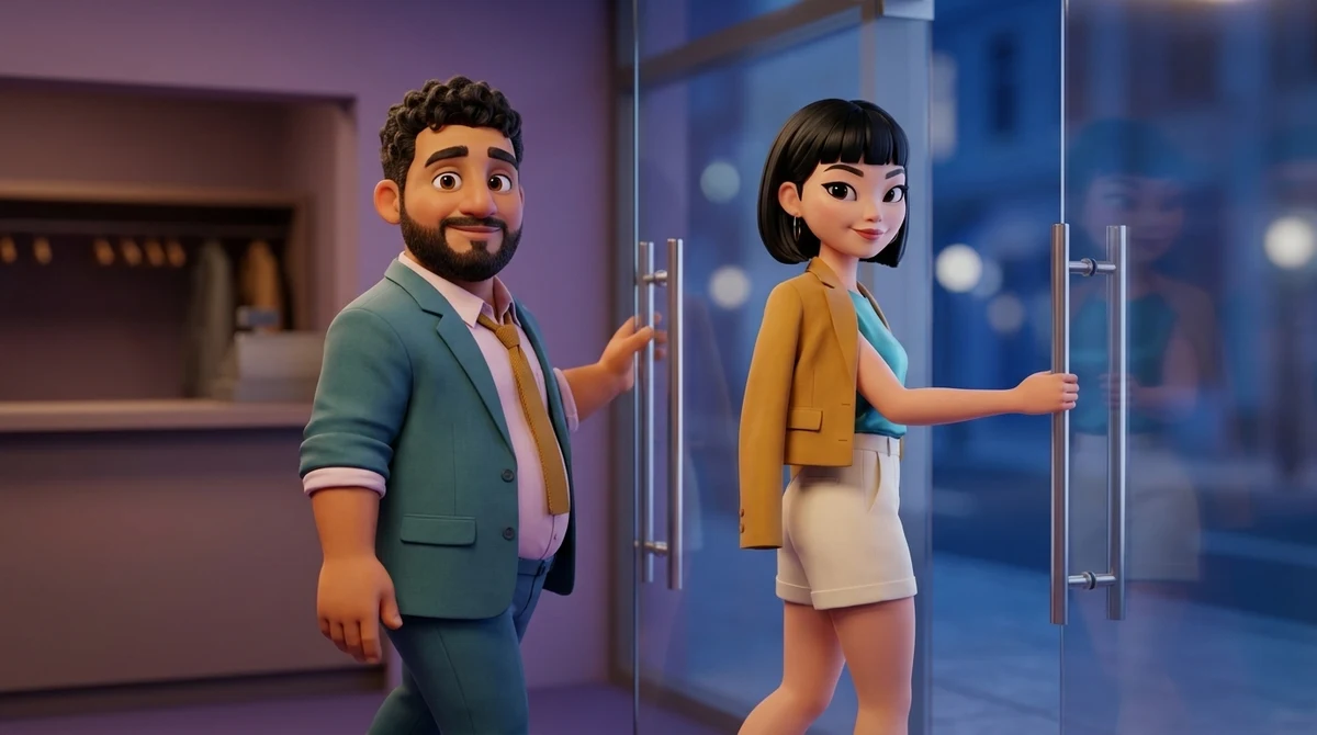 Leo and Maya walk out through tall glass doors at the end of the evening, her hand flat on the door handle and every hand between them empty, a quiet blue street beyond the glass.