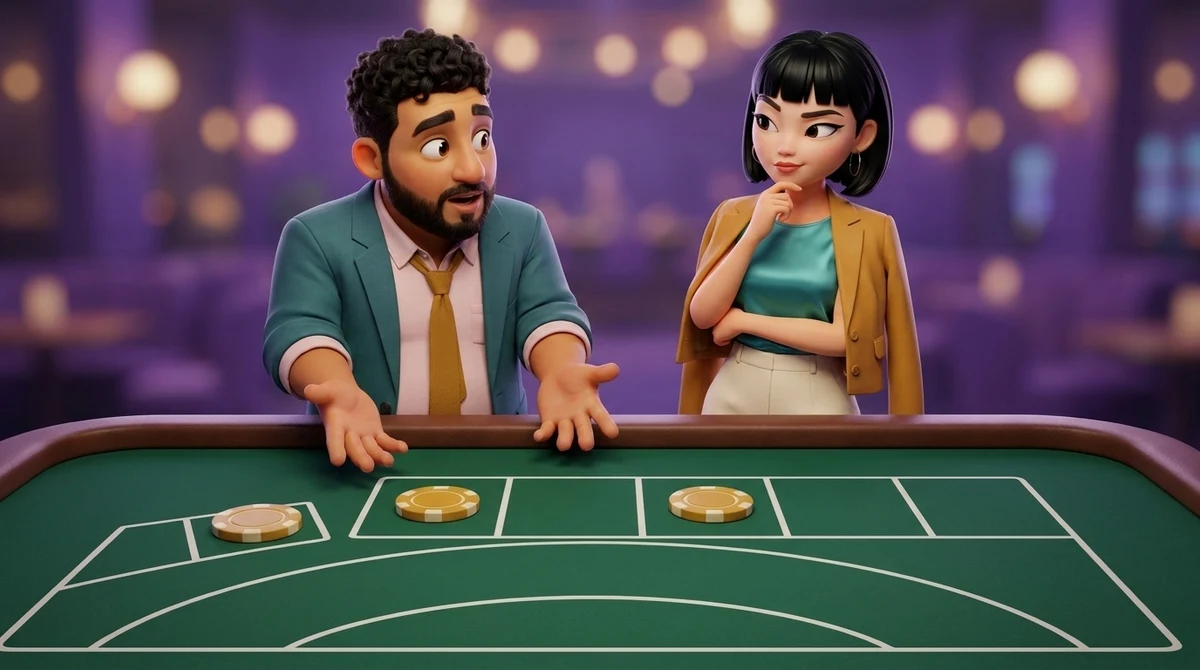 Leo holds both palms up like the pans of a scale above two equal chips, one in a small square in the corner of a craps layout and one in the nearest of six empty boxes, while Maya, a finger on her chin, compares them.