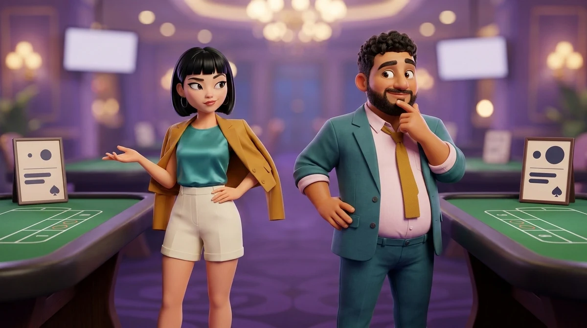 Maya and Leo stand in the aisle between two empty tables, each with a sign showing two circles, a rule and two plain lines, the circles on one table plainly larger than on the other, and Maya holds an open hand out toward one of them.