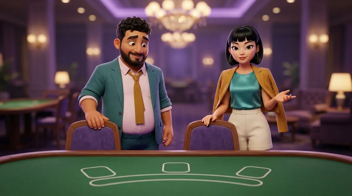 Leo and Maya stand behind two empty chairs at a cleared blackjack table, each with a hand on a chair back, the green felt in front of them bare but for its painted betting shapes.