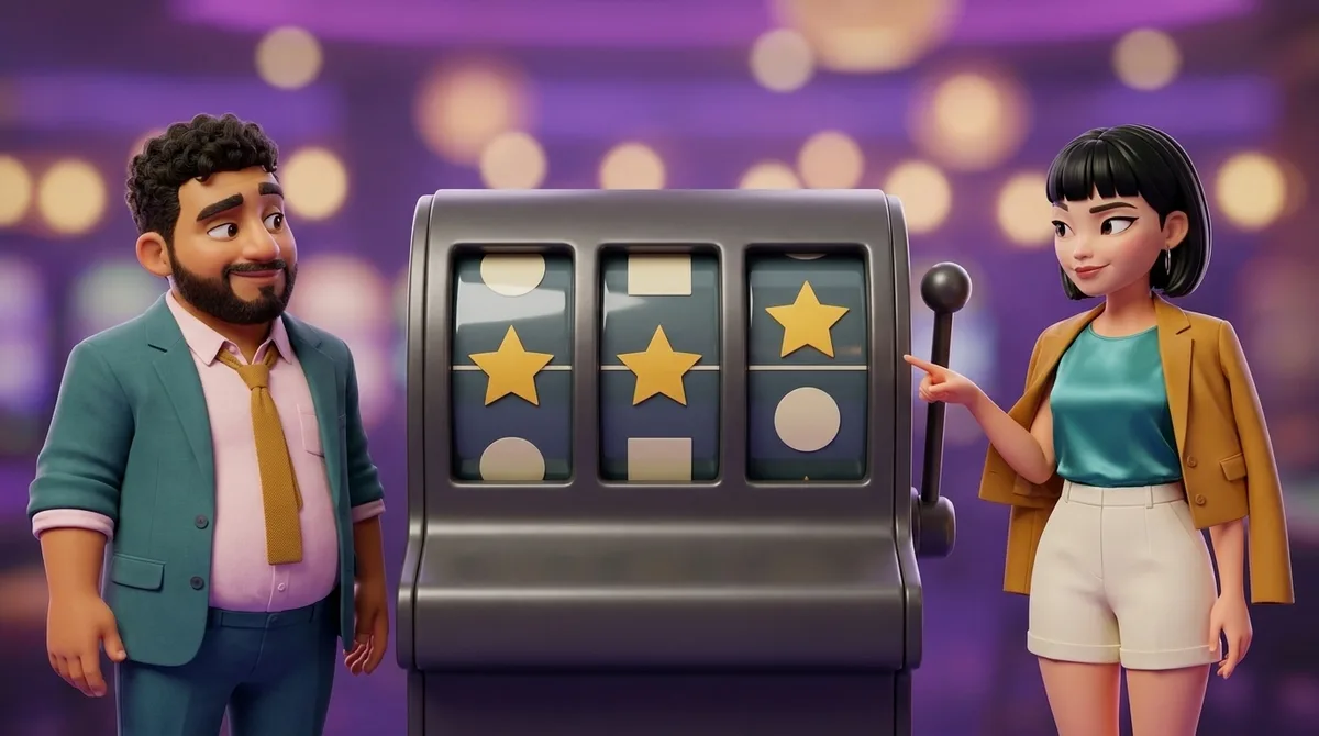 Maya points calmly at the third window of a dark reel machine, where a plain star rests just above the line while two more sit on it, and Leo answers with an unimpressed shrug.