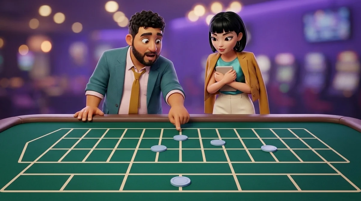 Leo points at a chip sitting on the line between two empty cells of a roulette layout, with three more identical chips placed on a single cell, on a corner of four cells and in a wide box along the edge; Maya holds a closed notebook and follows his finger.