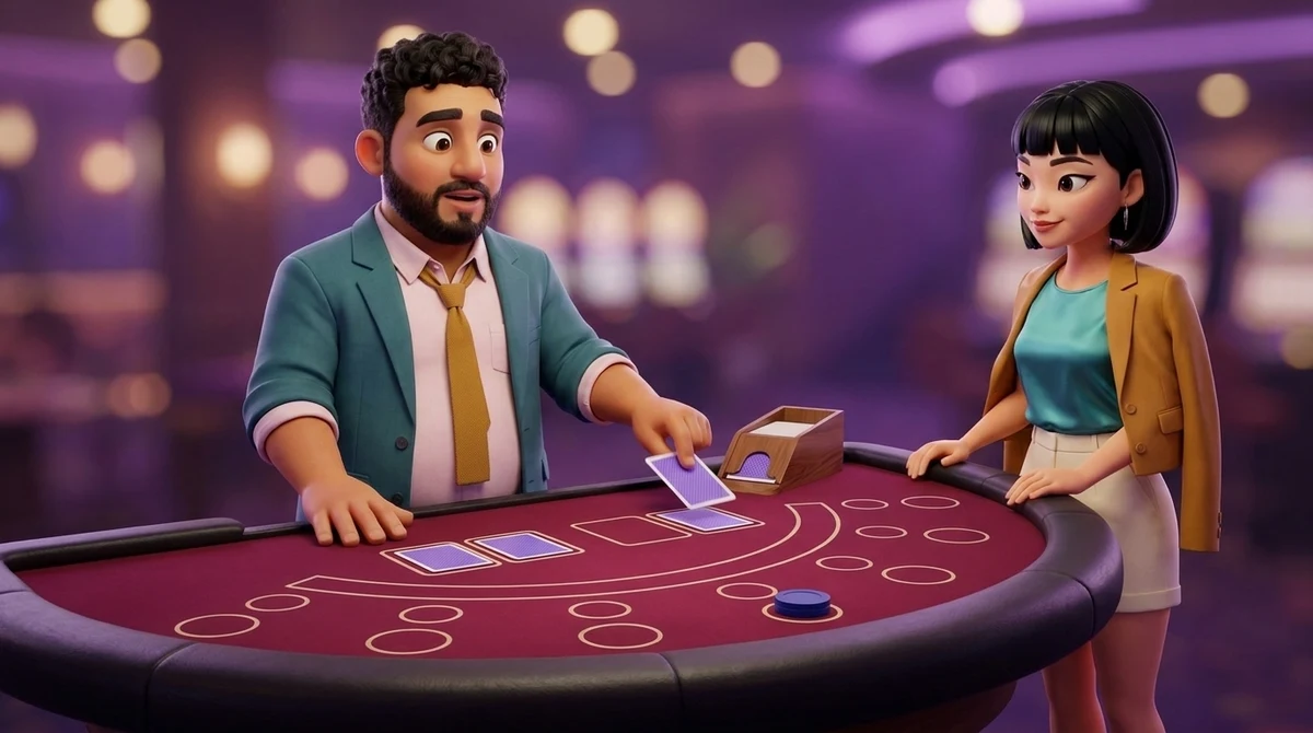 Leo, in the dealer’s place behind a baccarat table, slides a fourth face-down card from the shoe toward the right-hand box, where one card already lies, with two in the left-hand box, while Maya watches from the rail, one chip in the circle in front of her.