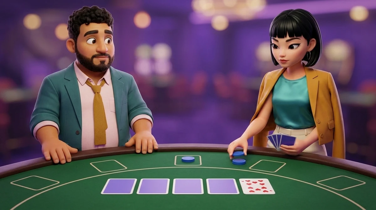 Maya, her five cards held face down, sets two chips into the box beyond her first chip, while Leo waits in the dealer's place behind the bank's five cards, four face down and the fifth face up.