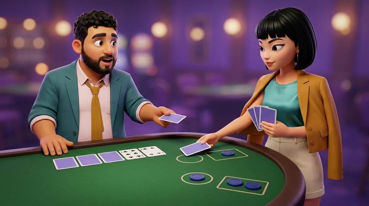 Maya, with chips in two boxes, slides one of her five cards face down toward Leo, who offers her a new card face down from the dealer's place behind the bank's five cards, the fifth face up.