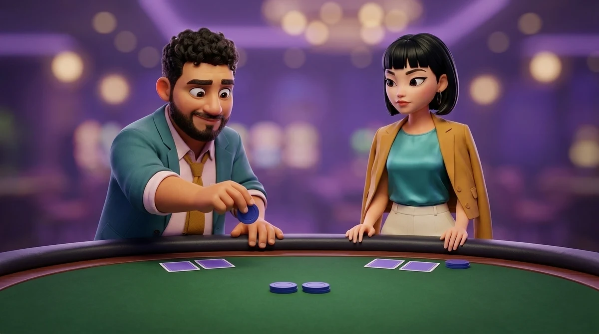 Leo, at the rail of a poker table, holds one chip low over the felt and weighs it against the two chips in the middle and the one Maya has pushed forward, both their hands face down and the next card not yet dealt.