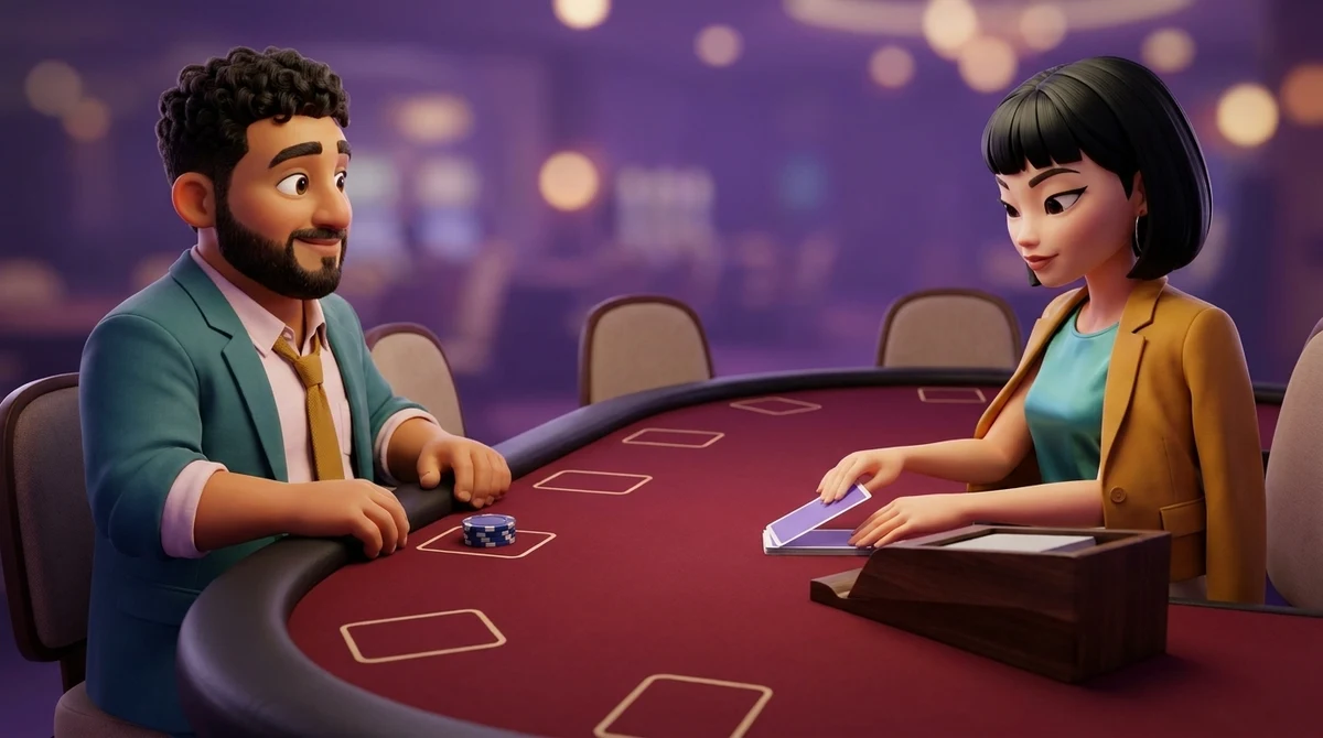 Maya, seated at a red baccarat table with the dealing shoe in front of her, slides the first card out face down, while Leo, seated beside her with one chip in front of him, watches.