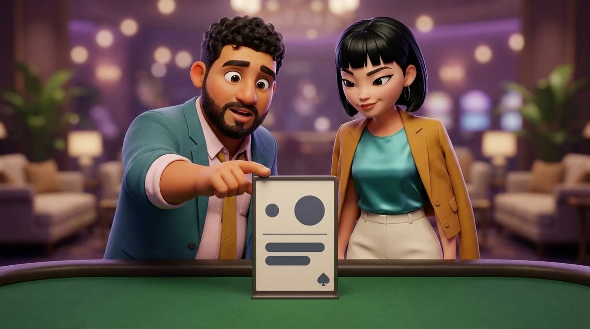 Leo points at a small sign on the corner of a table that shows a small circle and a larger one, a rule, two plain lines and a spade in the corner, while Maya reads it with him.