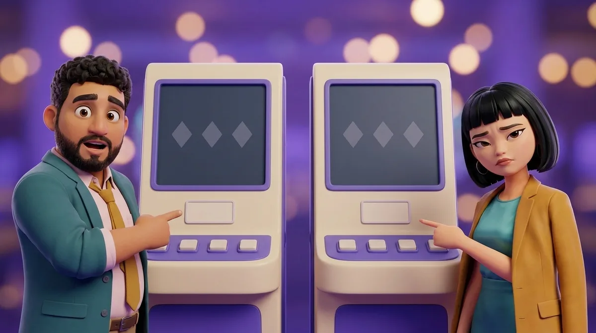 Leo and Maya stand in front of two identical gaming cabinets with the same panel art, each of them resting a fingertip on the small empty plate fixed to the front of the machine beside them.
