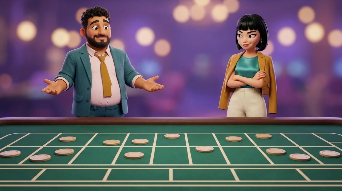 About a dozen identical chips are spread one to a cell across the empty grid of a roulette layout; Leo turns both palms up in a small shrug and Maya, arms folded, raises an eyebrow at the spread.