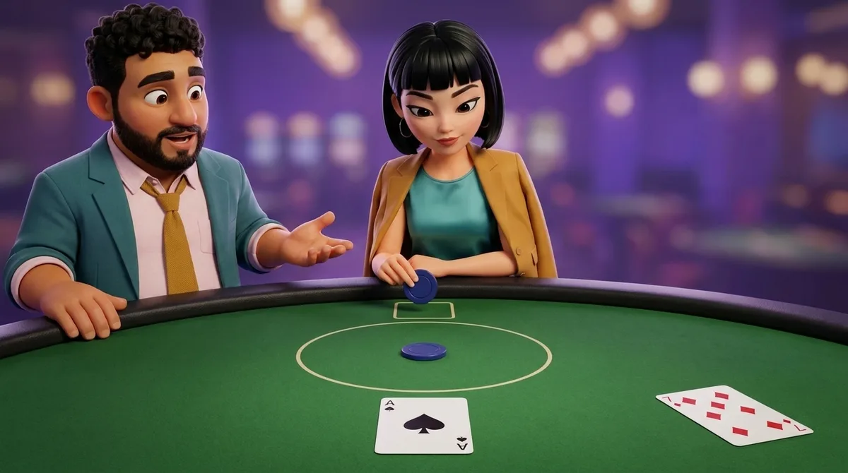 Maya holds a second chip over the small box behind her betting circle, where her first card, an ace, lies face up, while Leo holds an open palm toward the box; across the felt the dealer has a single face-up card.