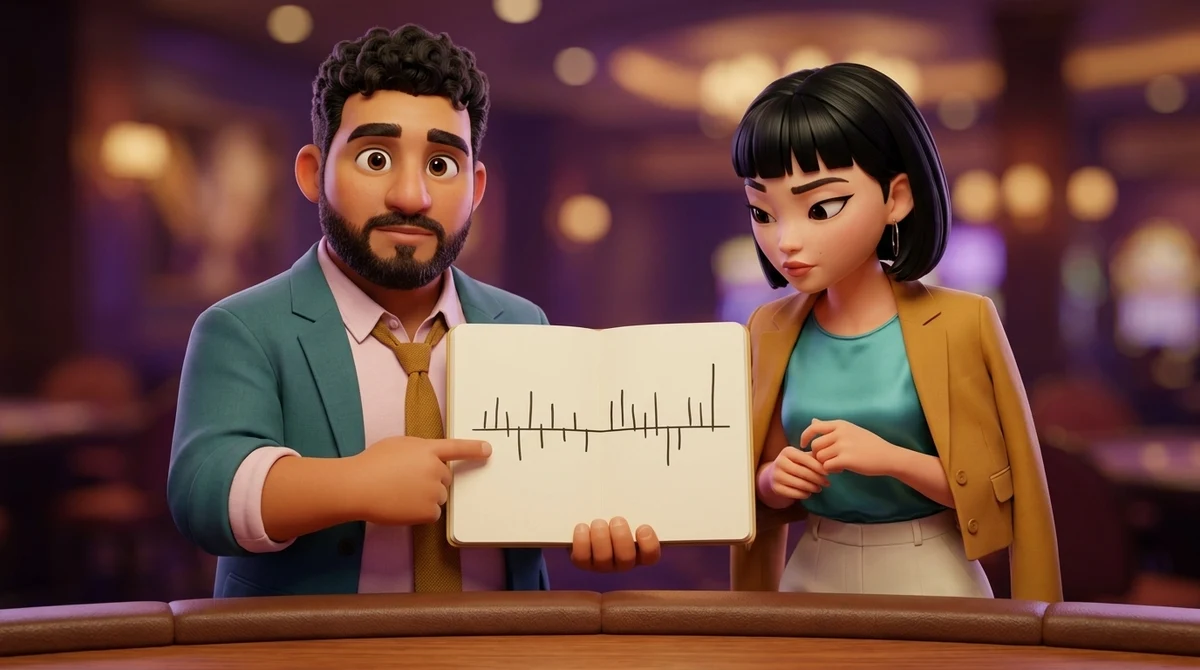 Leo holds an open notebook toward the viewer with his fingertip on a row of short strokes standing above and below one long line, and Maya leans in beside him to read the page.