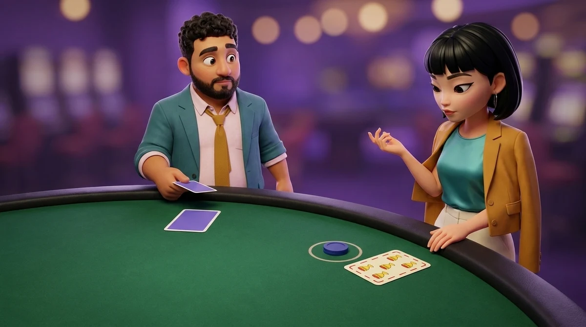 Leo, in the dealer's place beside the bank's face-down card, holds the next card ready while Maya weighs her single face-up card, five cups of a Spanish-suited deck, beside one chip.