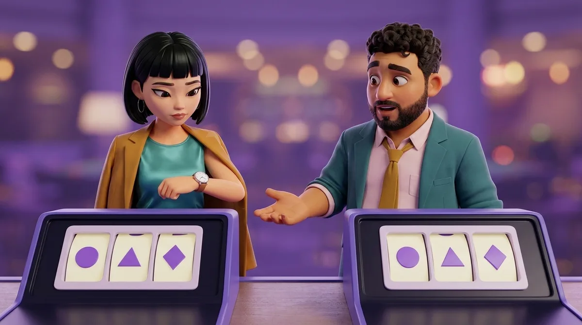 Maya stands behind one of two identical reel machines with a plain round wristwatch turned toward her face, and Leo stands beside her with an open palm held over the second machine, while both machines show the same three shapes — a circle, a triangle and a diamond — in the same order in their three reel windows.