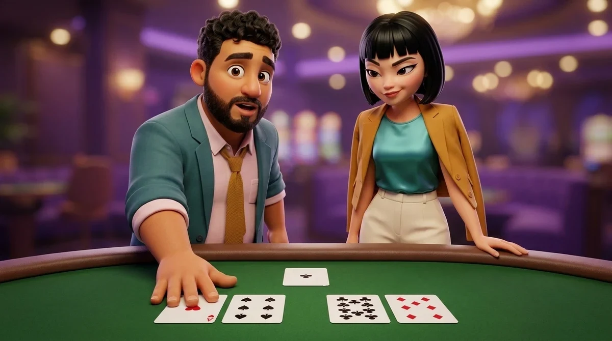 Leo lays his palm over an ace of hearts beside a six of spades, with a ten of clubs and a seven of diamonds making the same total further along the felt, while Maya reads the second pair from the rail.
