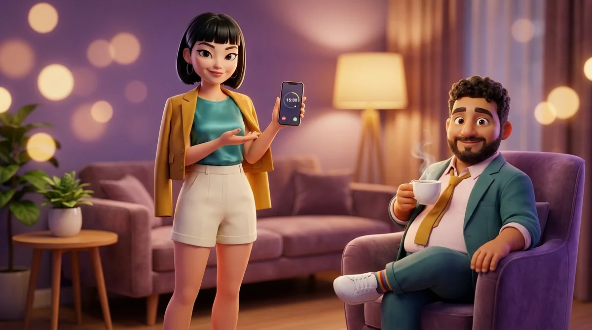 Maya stands in a softly lit lounge holding up a phone with a 15-minute timer; Leo relaxes in a purple armchair with a cup of coffee.