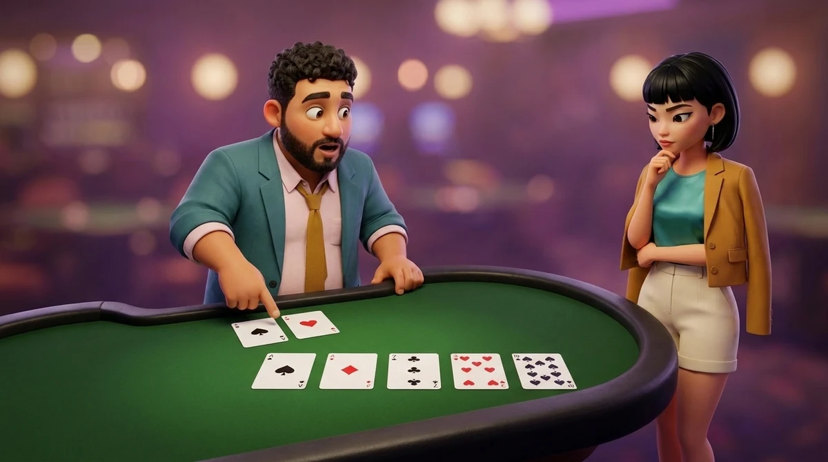 Leo, in the dealer’s place, points below the two aces among five shared cards face up on a poker table, beside a two, a three and a five, while Maya, a finger on her chin, studies the row.