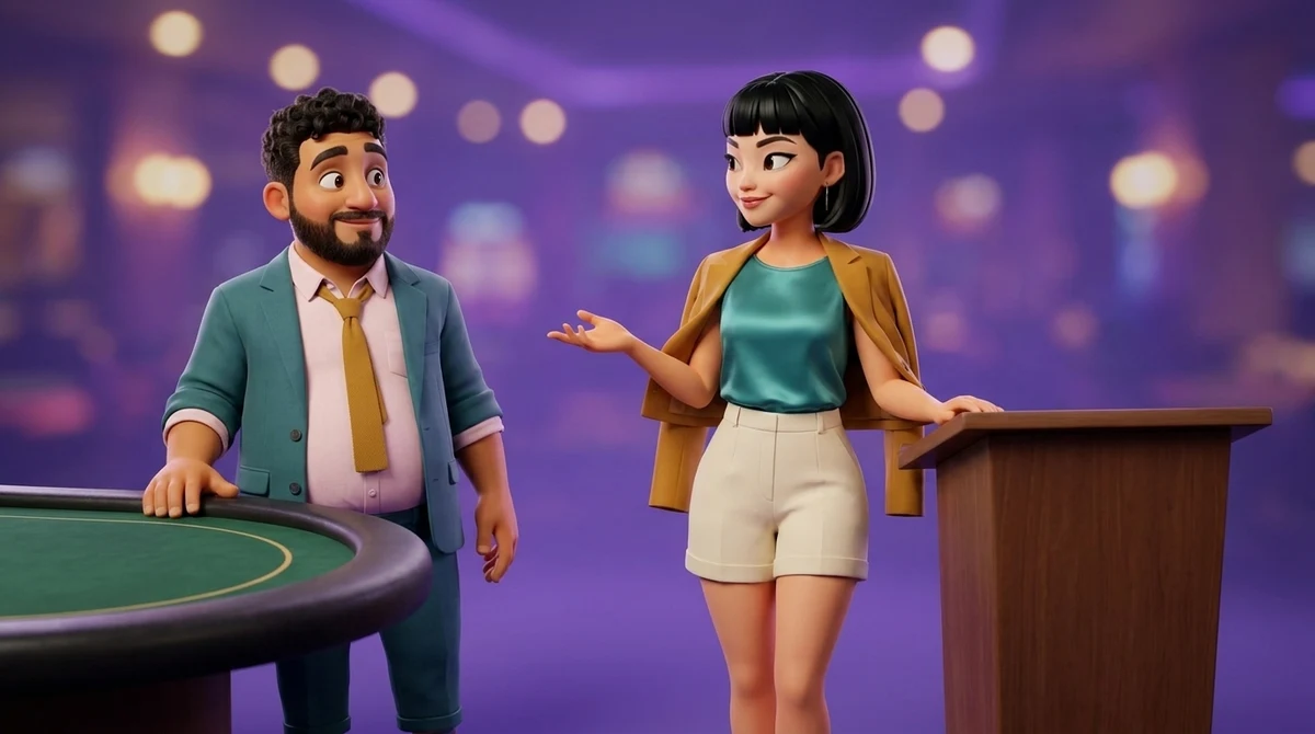 Maya, standing beside a plain dark podium at the poker room desk, holds an open palm toward an empty poker table, where Leo turns to her from its near end as if just called from the list.