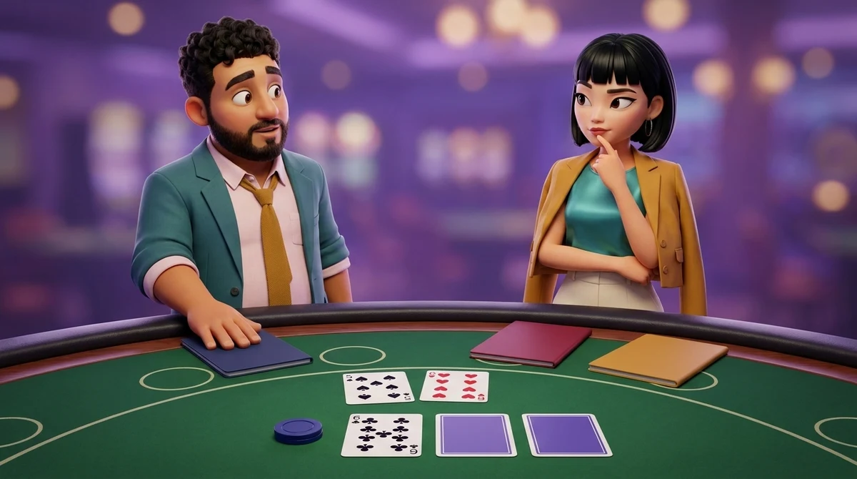 Leo rests a hand on the middle of three plain closed booklets lying on the rail of a blackjack table, while Maya compares them; on the felt one chip, two face-up cards, and the dealer's face-up card beside a face-down one.