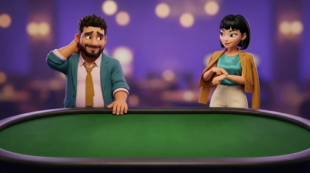 At a bare poker table after a painful hand, Leo rubs the back of his neck with a rueful half-smile while Maya, beside him at the rail, taps her bare wrist with two fingertips to call a break.