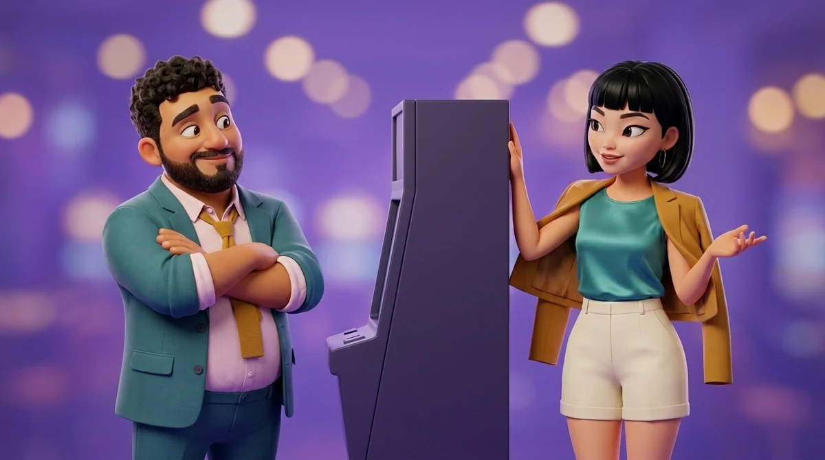 Maya rests one hand on the upper edge of a video poker machine whose screen is turned away from view and explains with an open palm, while Leo listens beside her with his arms folded and an amused half-smile.