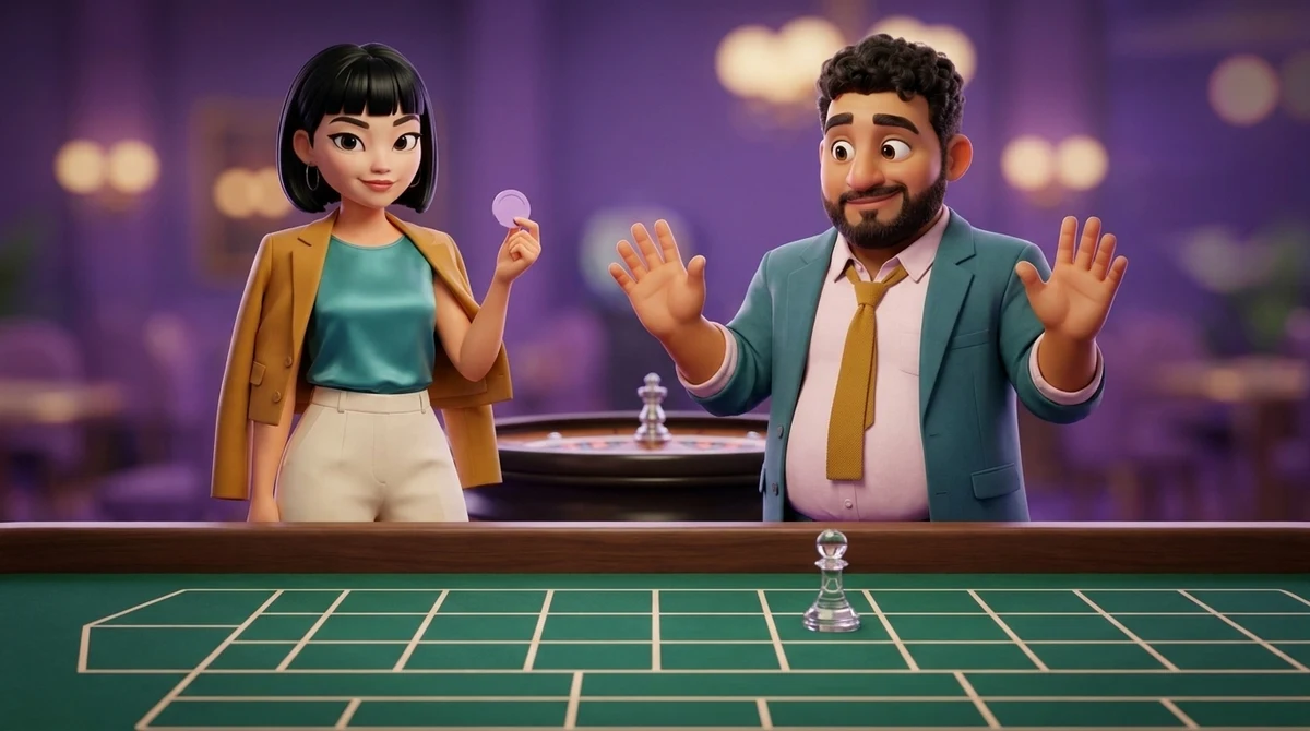 Maya holds up a single lavender chip at chest height to show its colour while Leo lifts both hands away from the roulette layout, where a small clear marker stands on one empty cell.