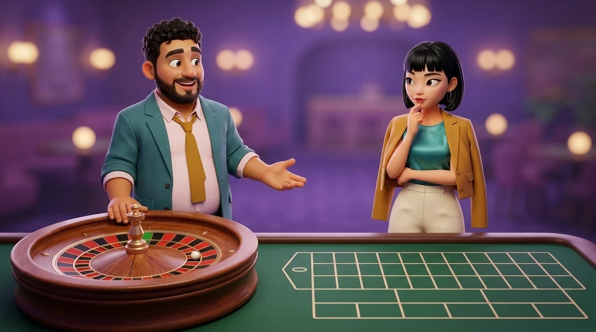 Leo holds an open hand toward a roulette wheel whose plain pockets alternate red and black with a single green one, while Maya, a finger on her chin, looks from the wheel to the empty grid of the betting layout beside it.