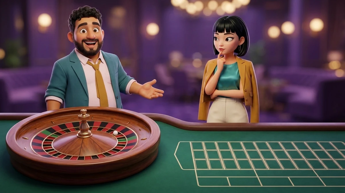Leo holds an open hand toward a roulette wheel whose plain pockets alternate red and black with a few green ones, while Maya, a finger on her chin, looks from the wheel to the empty grid of the betting layout beside it.