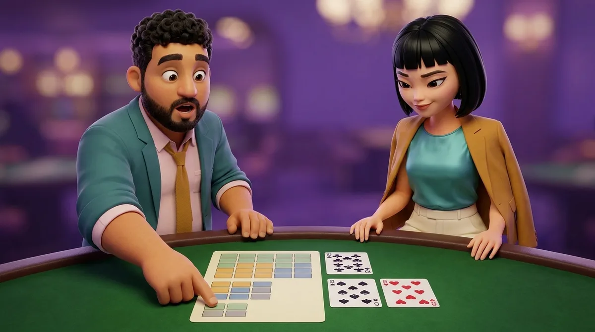 Leo rests a finger on the smallest of three blank grids printed on a strategy card lying face up on the felt while his other hand opens toward a pair of eights beside it, and Maya stands at the right of the table looking down at those same two cards, with the dealer's ten of clubs across the felt.