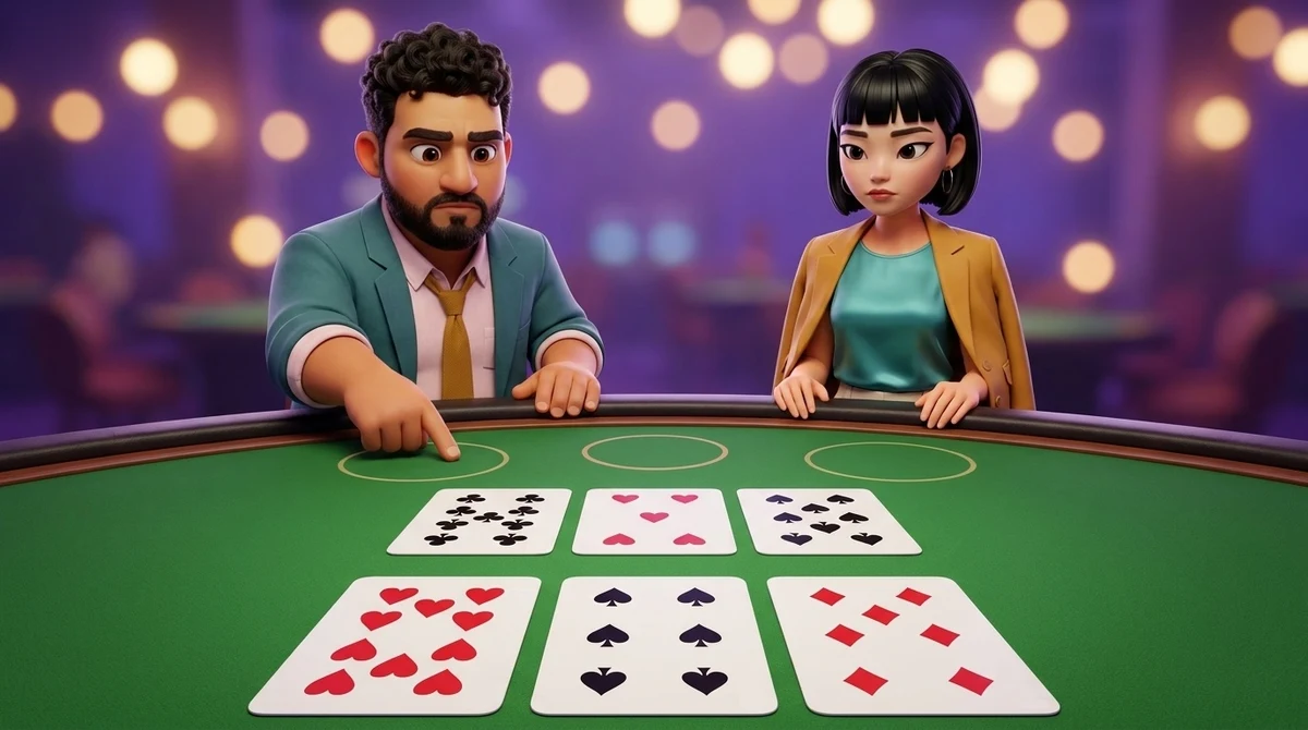 Leo points into an empty betting circle between two rows of three cards, the player’s row nearest the camera and the dealer’s across the table, while Maya looks down at them from the rail; no chip is left anywhere on the felt.