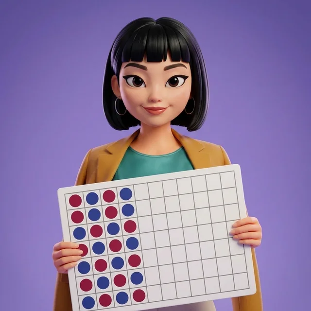 Maya holding the scoreboard panel a baccarat table keeps, a grid of red and blue dots marking hands already played.