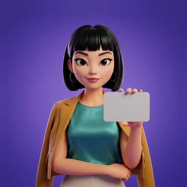 Maya holding up a blank card beside her shoulder, the way you show identification at the door.