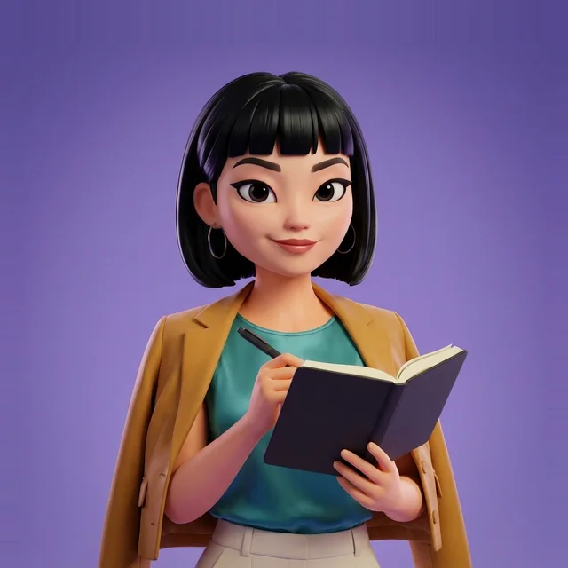 Maya holding an open notebook with blank pages and a pen, about to write down a plan.