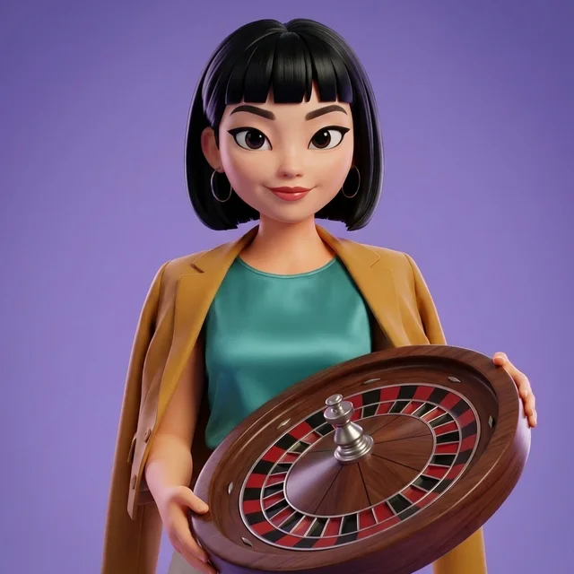 Maya holding a small roulette wheel tilted towards you, still and without a ball, its red and black pockets visible.