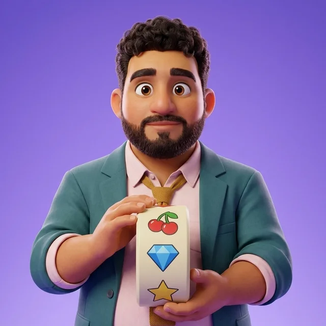 Leo holding one unlit reel drum from a slot machine, with three plain symbols on it: cherries, a diamond and a star.