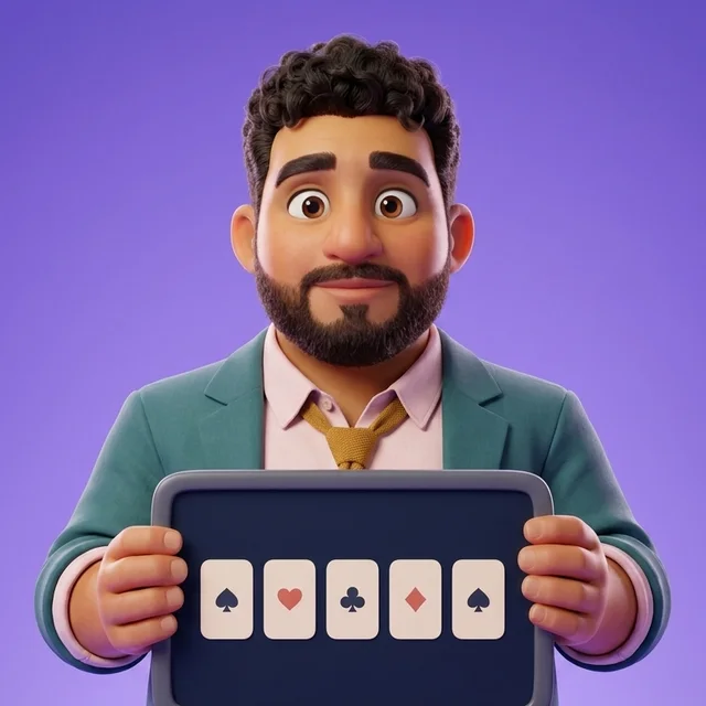 Leo holding a small dark screen showing five blank card shapes in a row, one suit symbol on each.